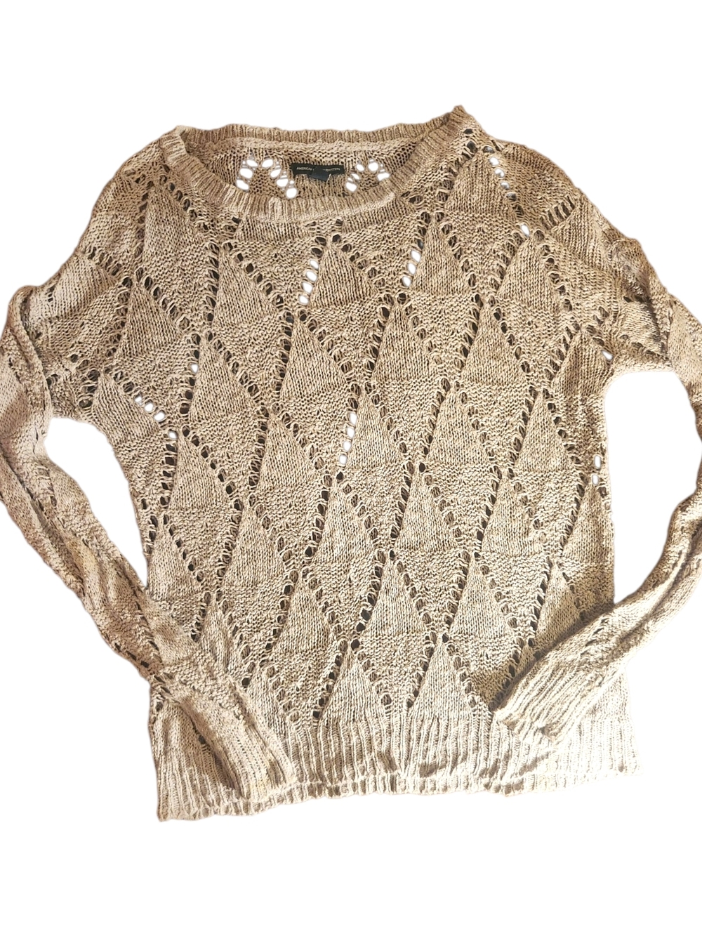 American Eagle Outfitters Grey Open-Knit Diamond Crew Sweater